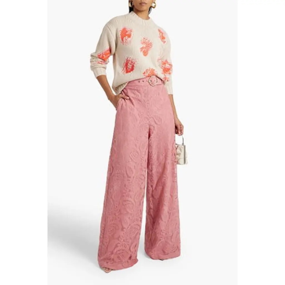 Zimmermann Kaleidoscope Floral Lace High Waist Wide Leg Pants with Belt